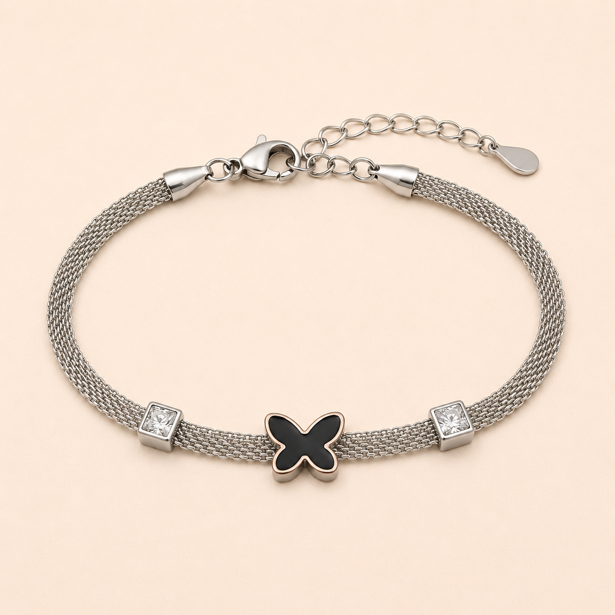 Complete Selene silver mesh bracelet with black butterfly