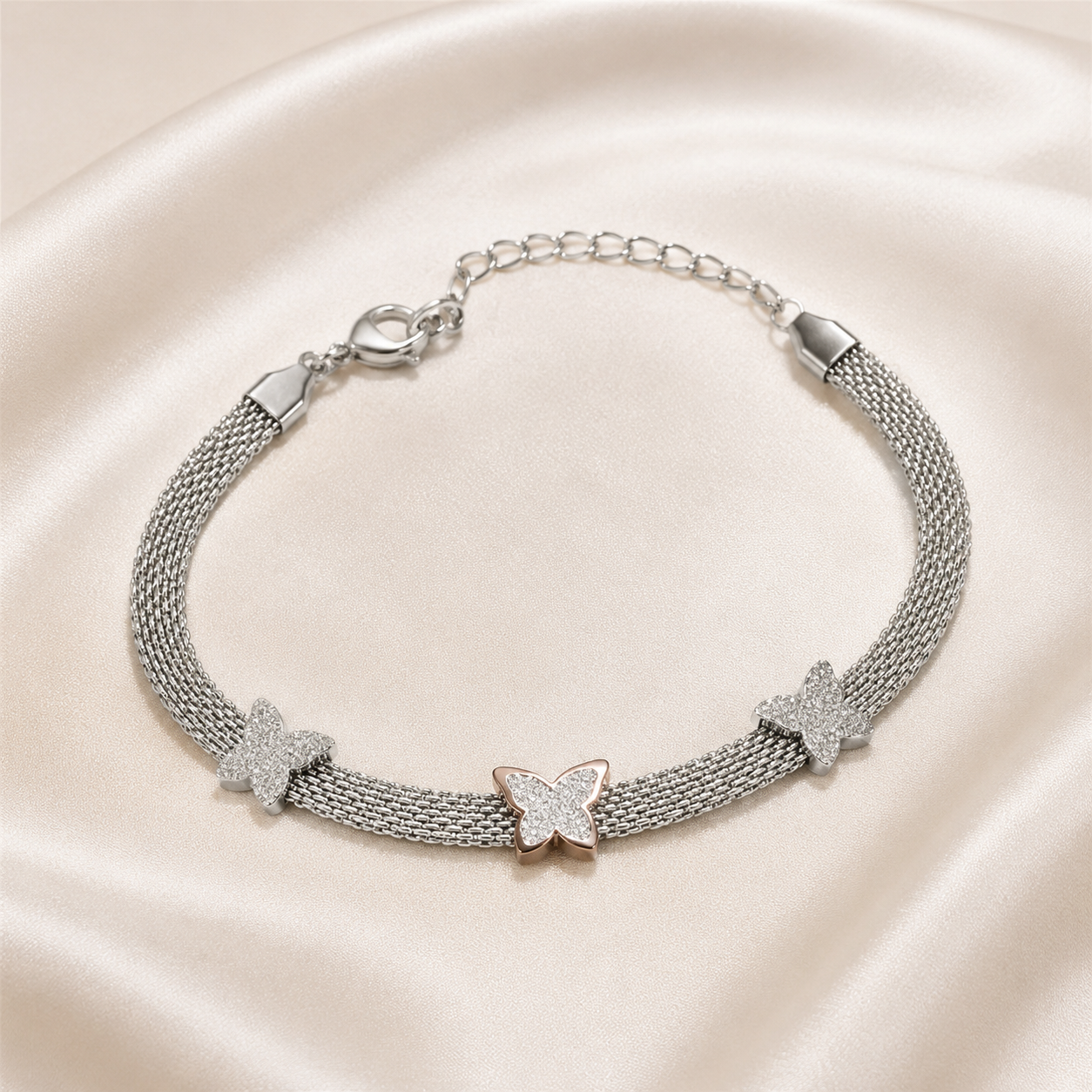 Complete Elara silver mesh bracelet with three butterflies
