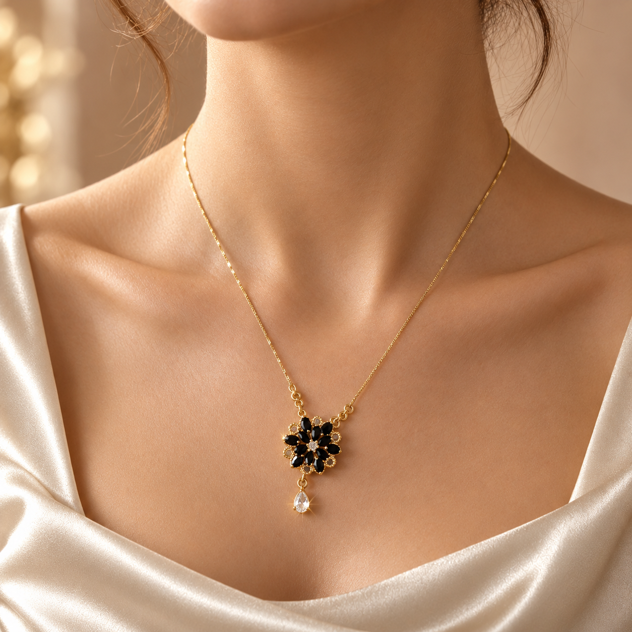 Noirelle Black Blossom Drop Necklace