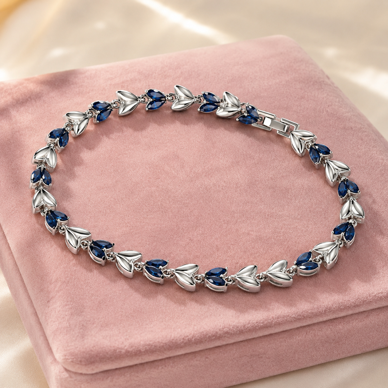 Sylvara silver bracelet with navy-blue marquise leaf stones