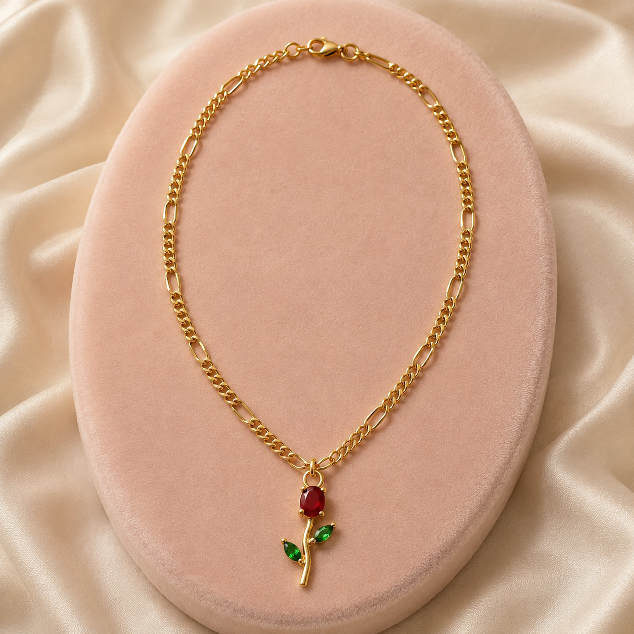 Florea Ruby Red flower pendant necklace with green leaves