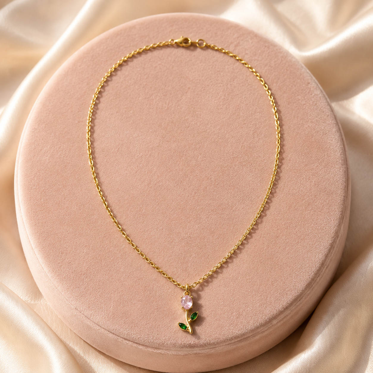 Florea Blush Pink flower pendant necklace with green leaves