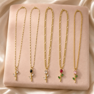 Florea floral pendant necklace collection featuring five botanical designs