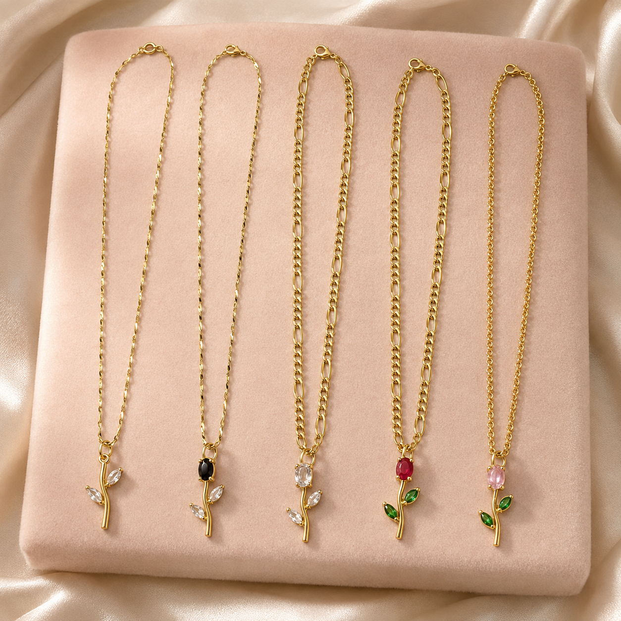 Florea floral pendant necklace collection featuring five botanical designs
