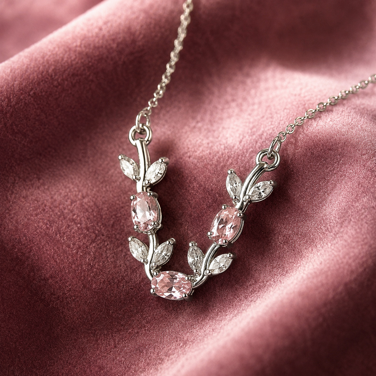 Close-up of pink and clear crystals on Elowen vine necklace