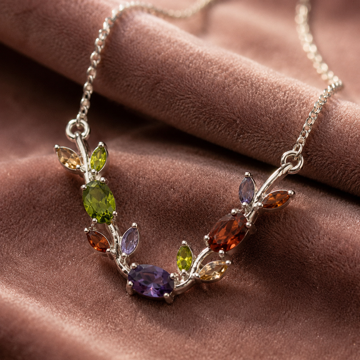 Close-up of colourful leaf-shaped crystals on Elowen vine necklace