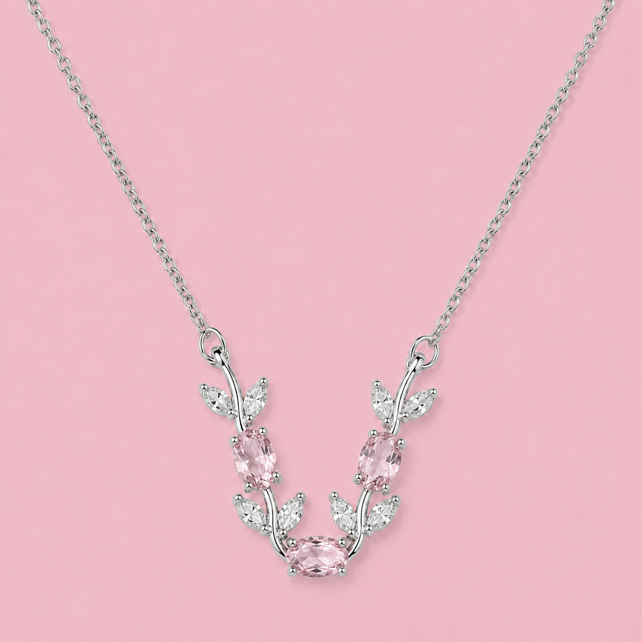 Elowen Blush Pink crystal vine necklace with silver-tone chain