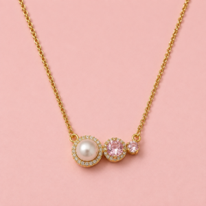 Aveline pearl and pink crystal necklace in gold finish