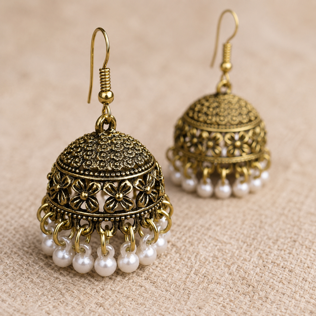 Noor Antique Gold Pearl Jhumka Earrings