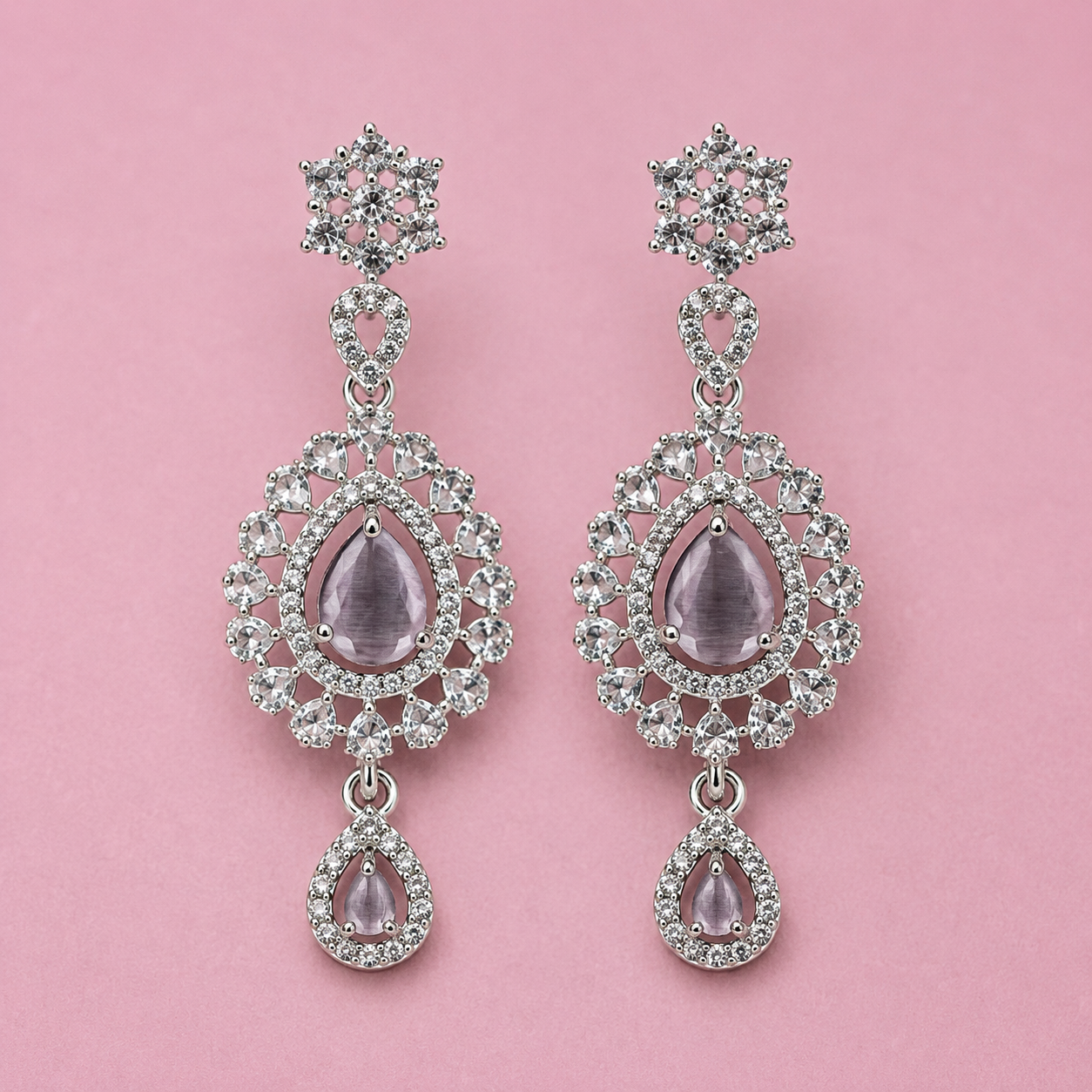 Elara lavender crystal halo drop earrings