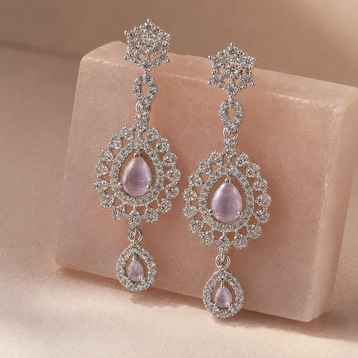 Elara Lavender Crystal Halo Drop Earrings - Image 3