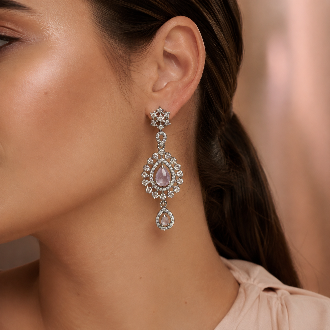 Elara Lavender Crystal Halo Drop Earrings - Image 2