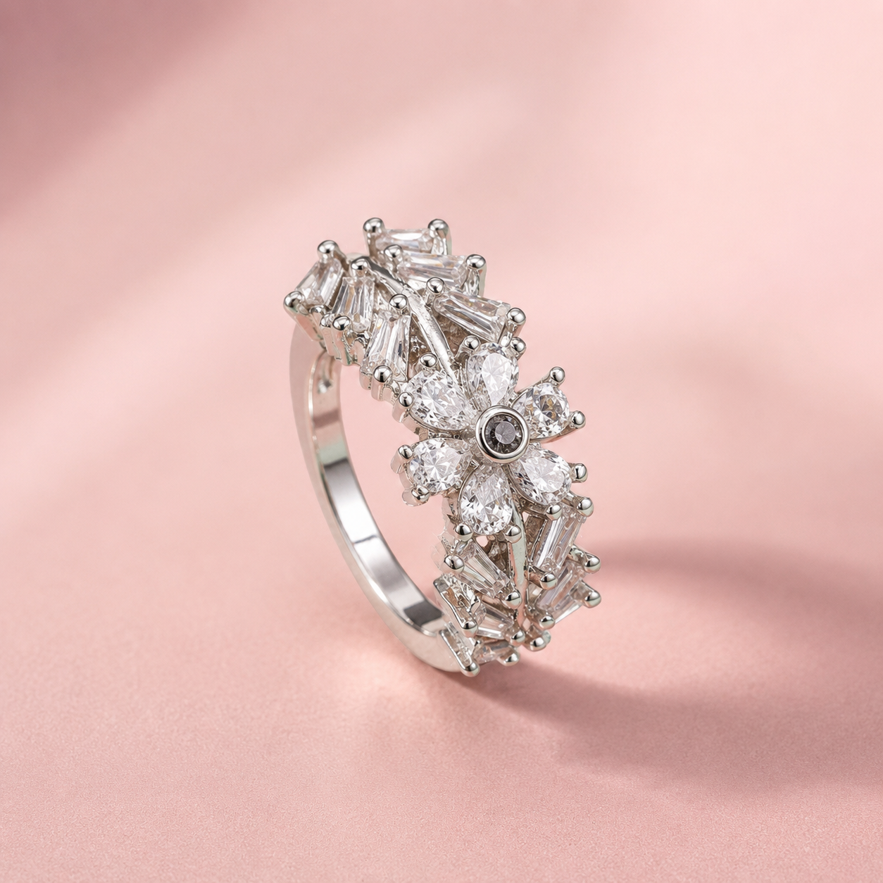 Celestia silver-tone floral crystal adjustable ring