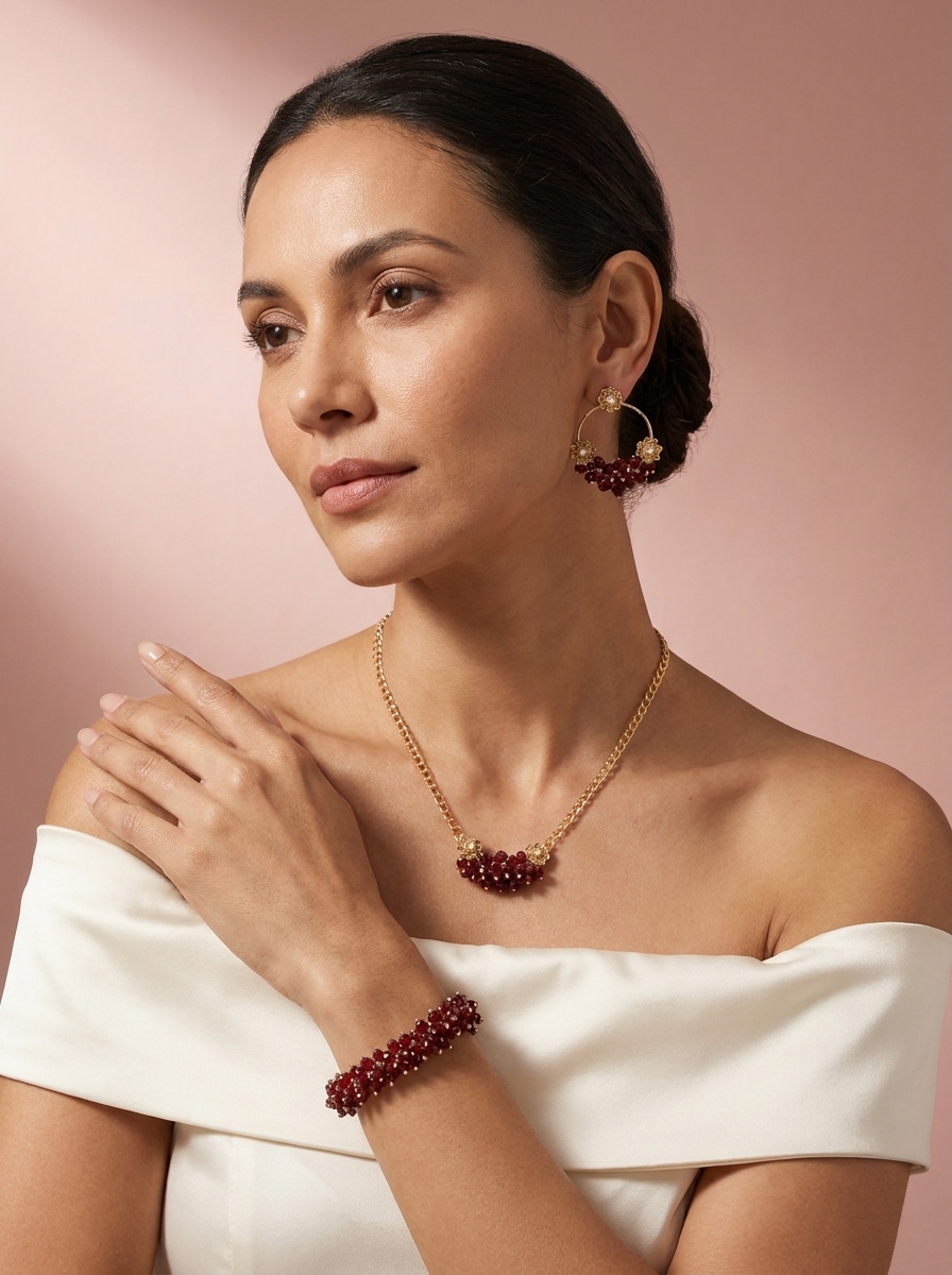 Seraphina ruby-red clustered jewellery set with gold-tone necklace, bracelet and matching earrings